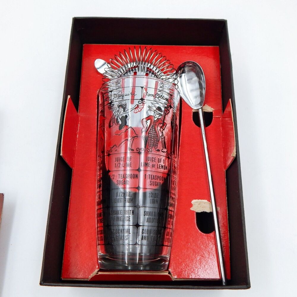 Hazel Atlas Cocktail Recipe Illustrate Glass Shaker Bar Set Strainer Spoon Book